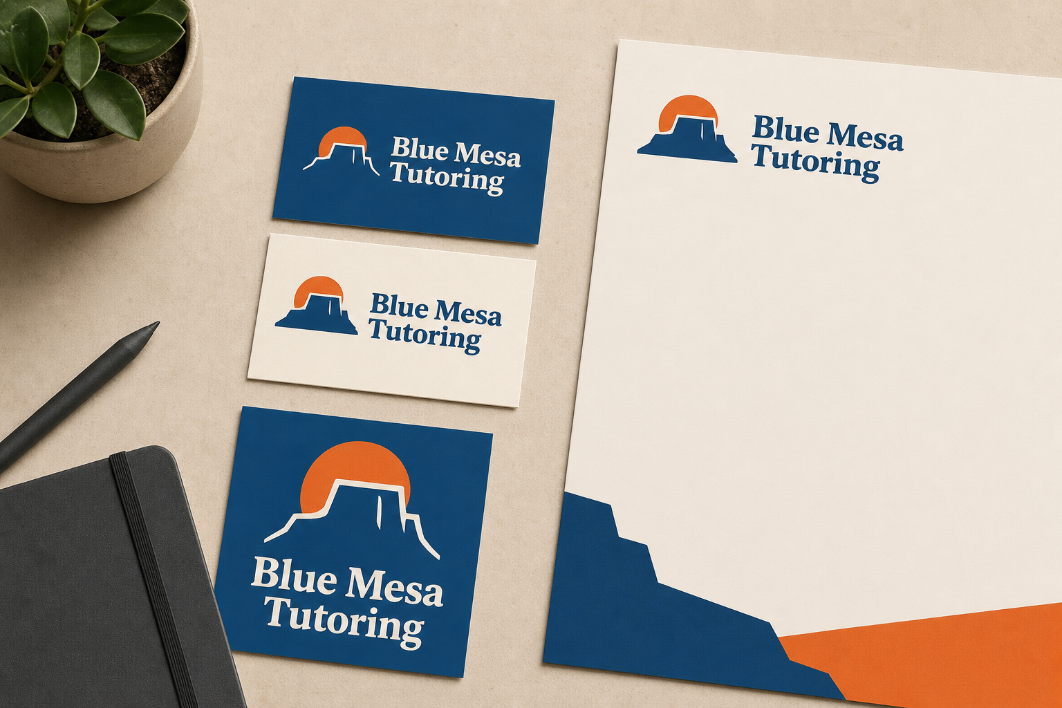 Blue Mesa Tutoring brand sample with a logo, business cards, social tile, and matching stationery